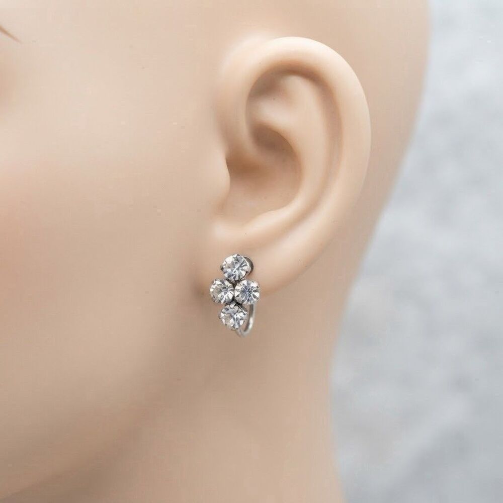 Vintage Silver-Tone Clear Rhinestone Cluster Screw-Back Earrings